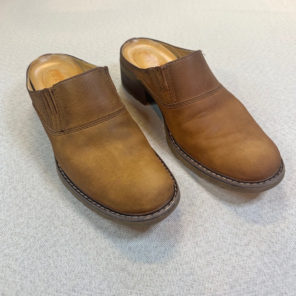 Timberland Leather Mules Women 9.5 Brown Clog Smart Comfort Slip On Lug 43316